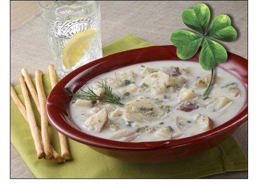red bowl with irish potato soup