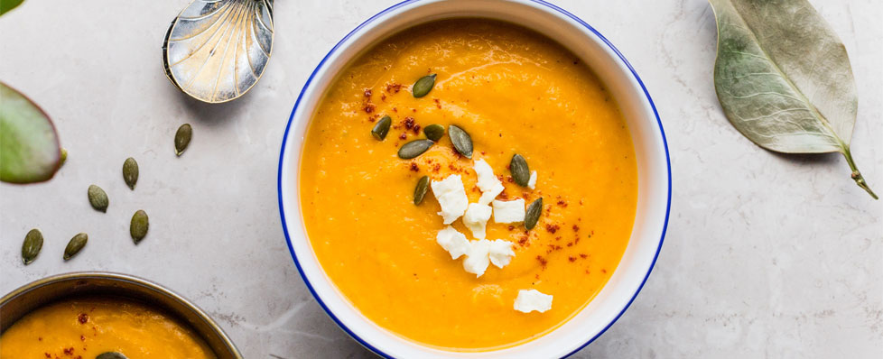 view from top of rustic squash soup in bowl